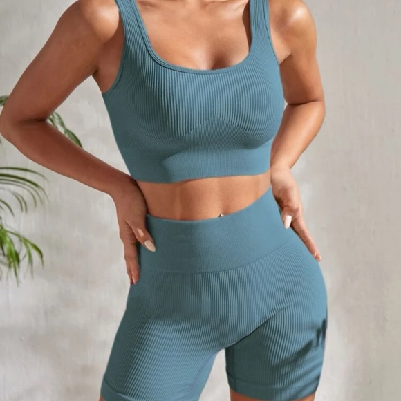 Blue Ribbed Workout Set - Picture 1 of 2